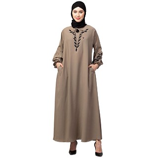 Embroidery abaya with balloon sleeves- Khaki